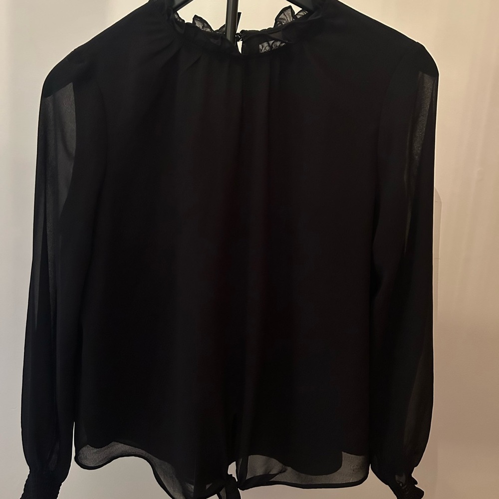 Calvin Klein Black Sheer Long-Sleeve Blouse with Lace Trim